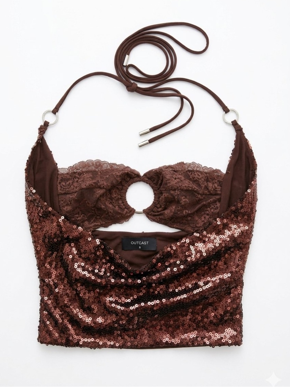 Outcast Brown Sequin Lace Halter Crop Top
